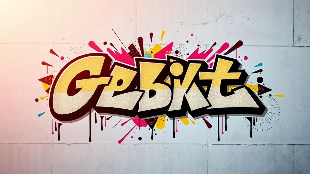 A dynamic, hyper-realistic, multi-layered graffiti artwork on a weathered concrete wall. Features sharp geometric shapes, intricate stenciling, electric neon splashes in magenta and cyan, subtle iridescent gradients, and a sense of contained motion.